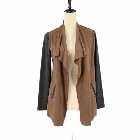 Chico's Jackets & Blazers - Chico’s Travelers Sz 0 Brown Gray Color Block Open Faux Suede Draped Jacket